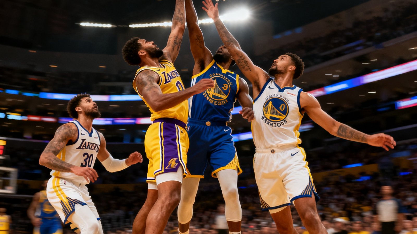 NBA赛场上湖人队与勇士队球员在篮下激烈卡位争抢篮板球，球馆内灯光聚焦在球场中央，气氛紧张