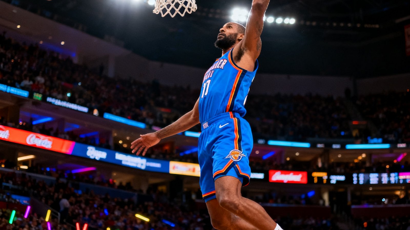 NBA赛场上一位身穿蓝色球衣的球星腾空而起完成暴扣，篮球即将穿过篮筐，背景是明亮的球场灯光和密密麻麻的观众席
